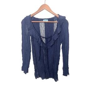 Letarte Blue Lace Ruffles Sheer Handmade Tie Front Top Size Medium